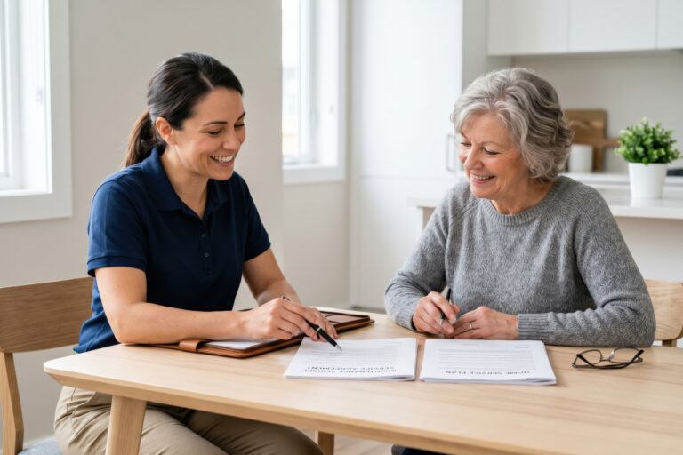 Two women sit at a wooden table signing documents and smiling at each other in a bright room.