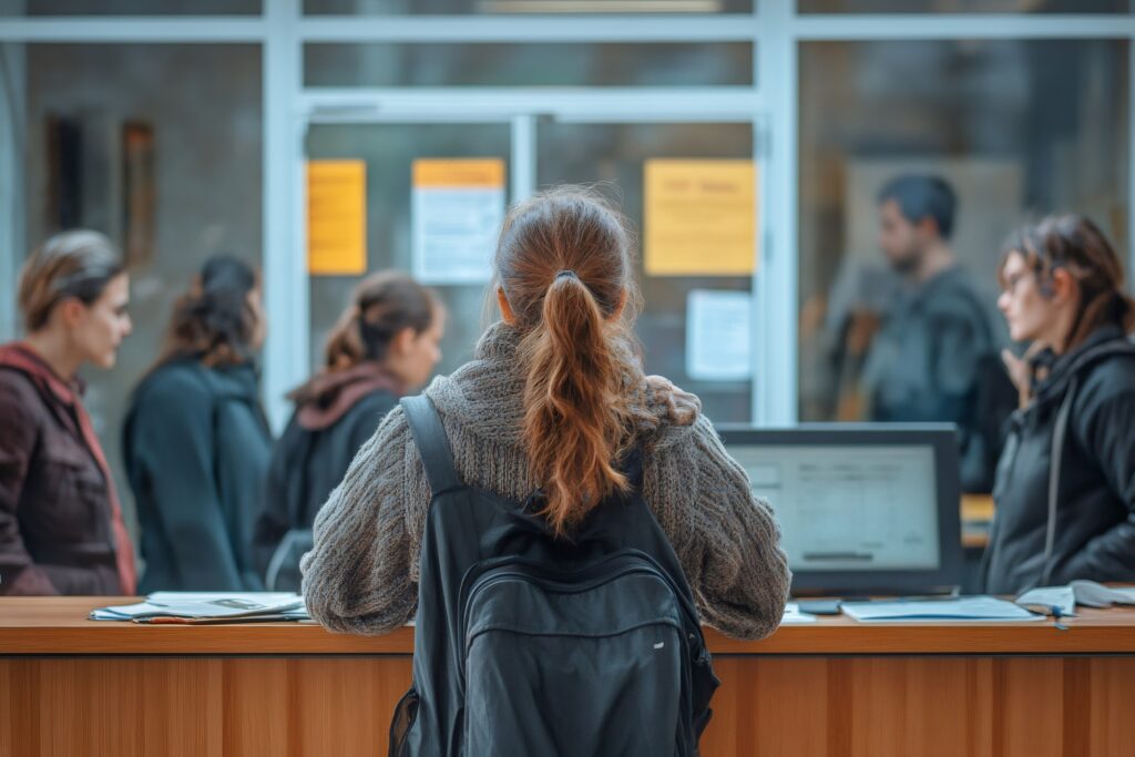 Back view of a student with a black backpack at a wooden service desk, with blurred people waiting in line in a campus lobby.